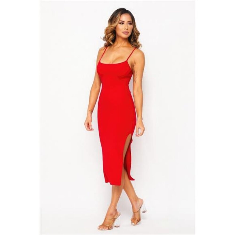 Red Side Slit Cami Dress - Picture 3 of 5